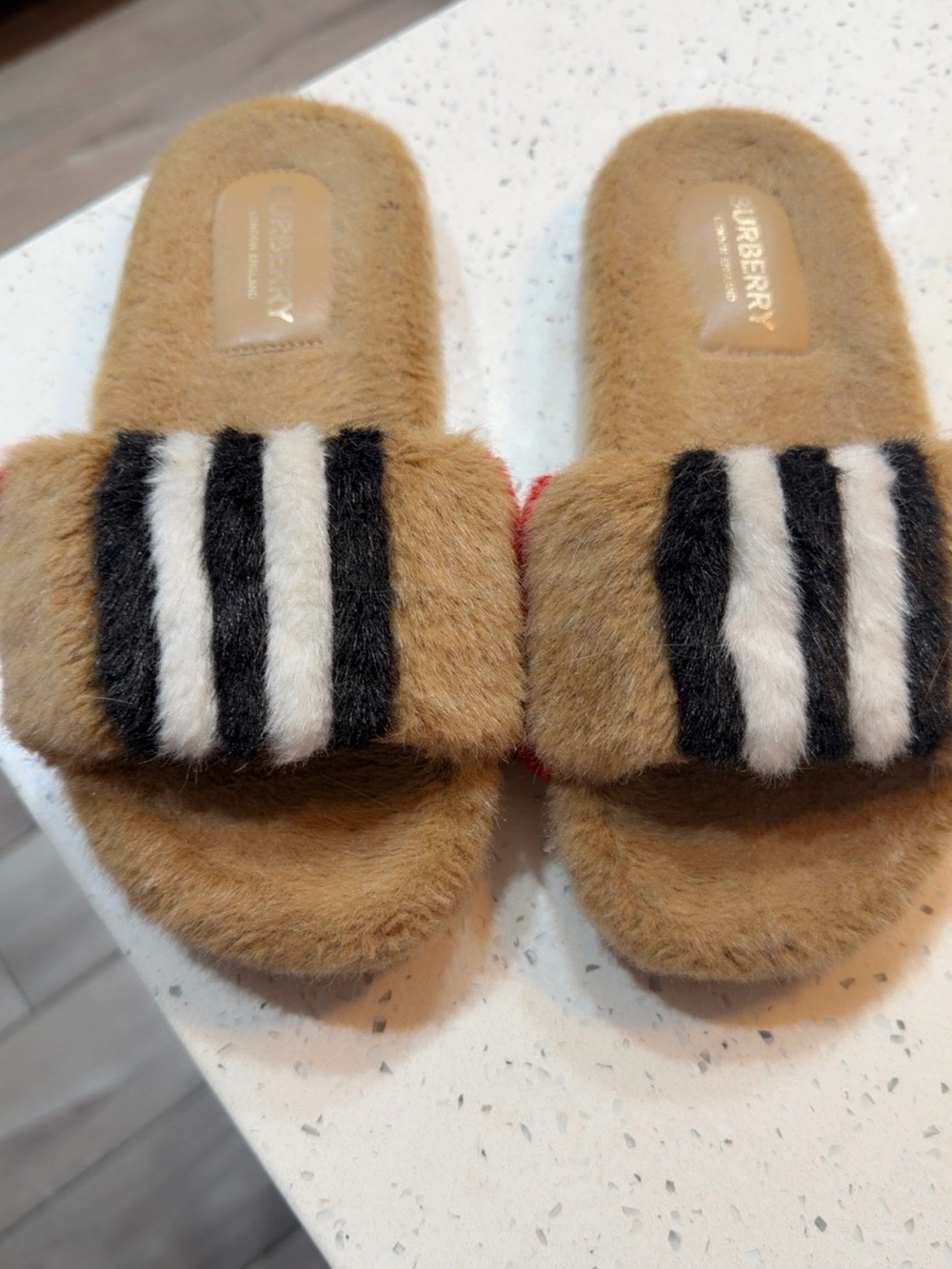 Burberry Tan Fuzzy Slide Sandals with Black & White Stripes